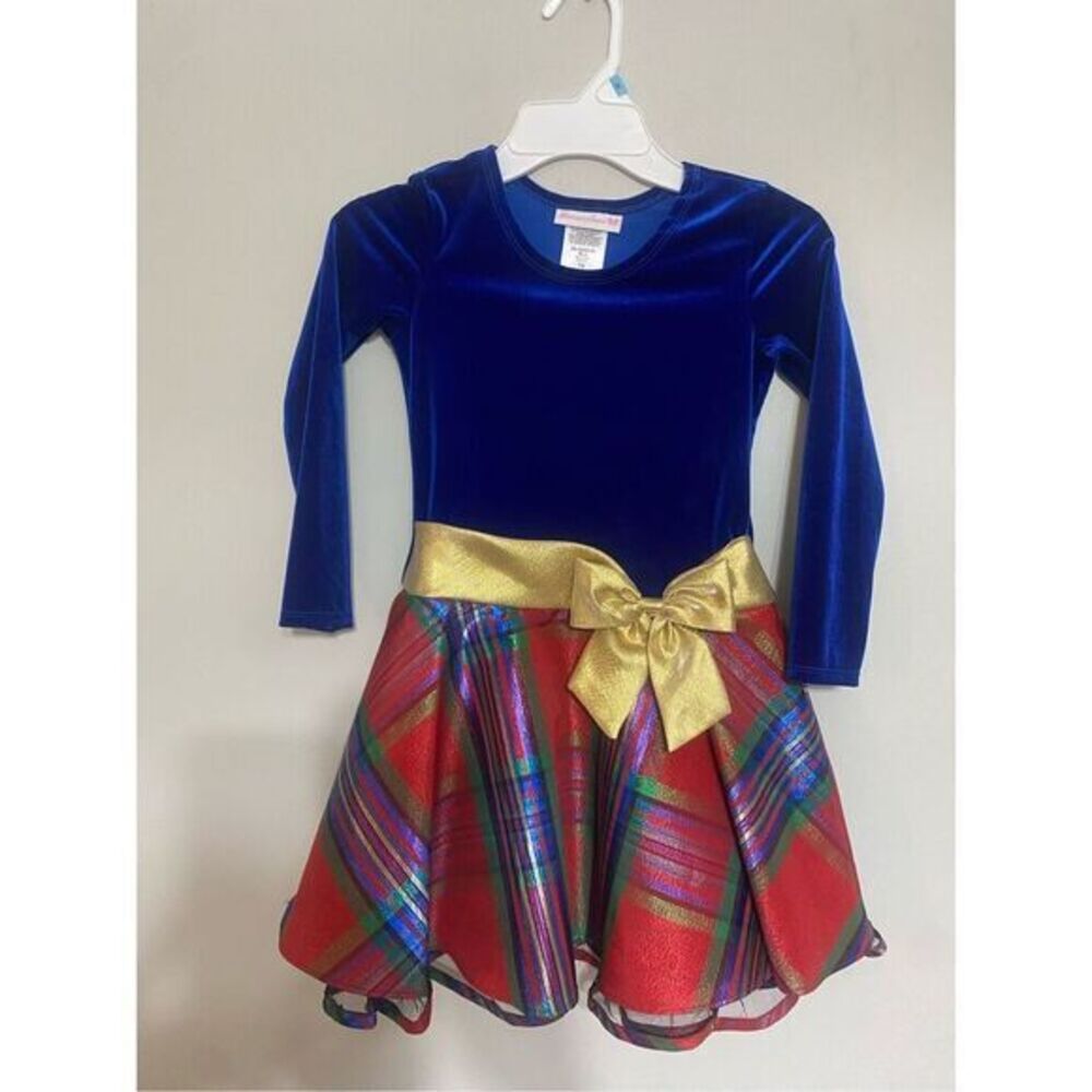 Bonnie Jean Royal Blue Velvet Top Red Plaid Skirt Dress with Gold Bow